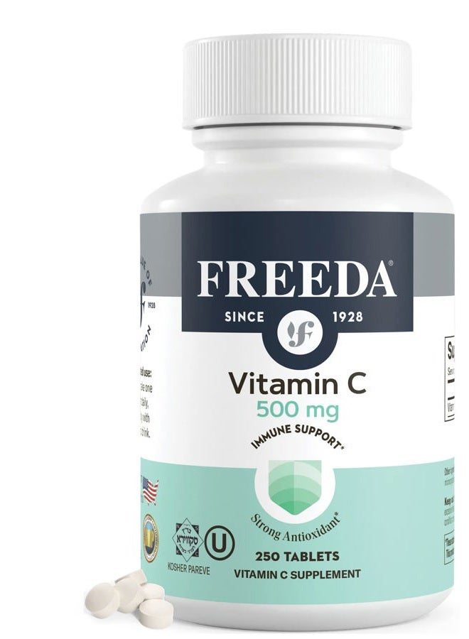 Freeda Vegan Vitamin C 500mg – Kosher Immune Support & Antioxidant – Helps Maintain Healthy Skin & Hair, Supports Iron Absorption – No Gluten, No Lactose, No Artificial Flavor or Color – 250 Tablets - Image 1