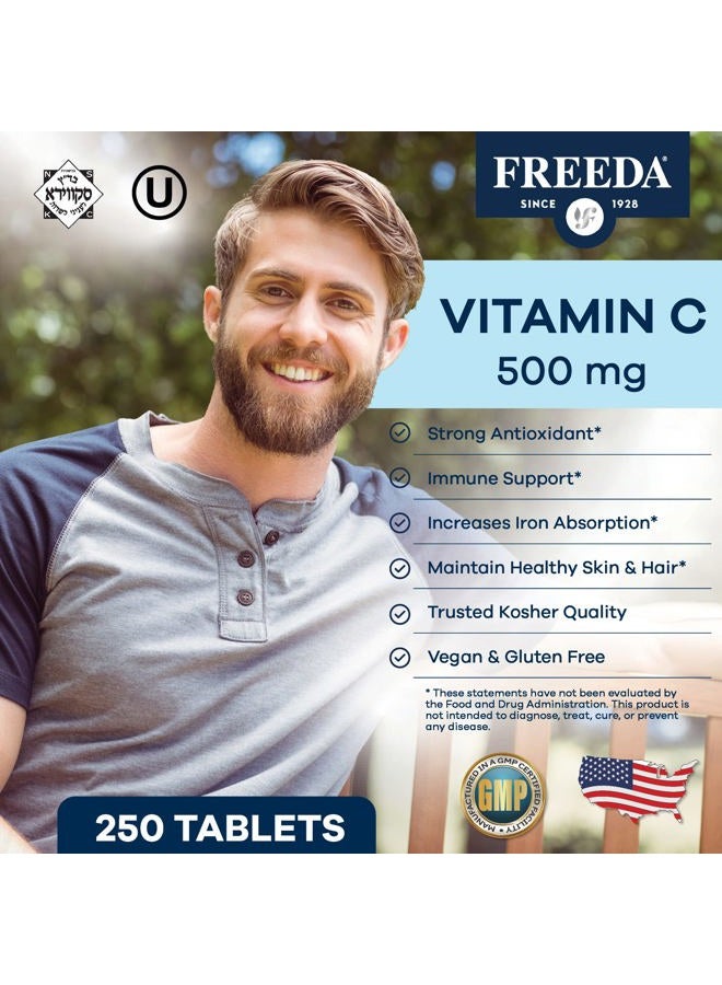 Freeda Vegan Vitamin C 500mg – Kosher Immune Support & Antioxidant – Helps Maintain Healthy Skin & Hair, Supports Iron Absorption – No Gluten, No Lactose, No Artificial Flavor or Color – 250 Tablets - Image 2