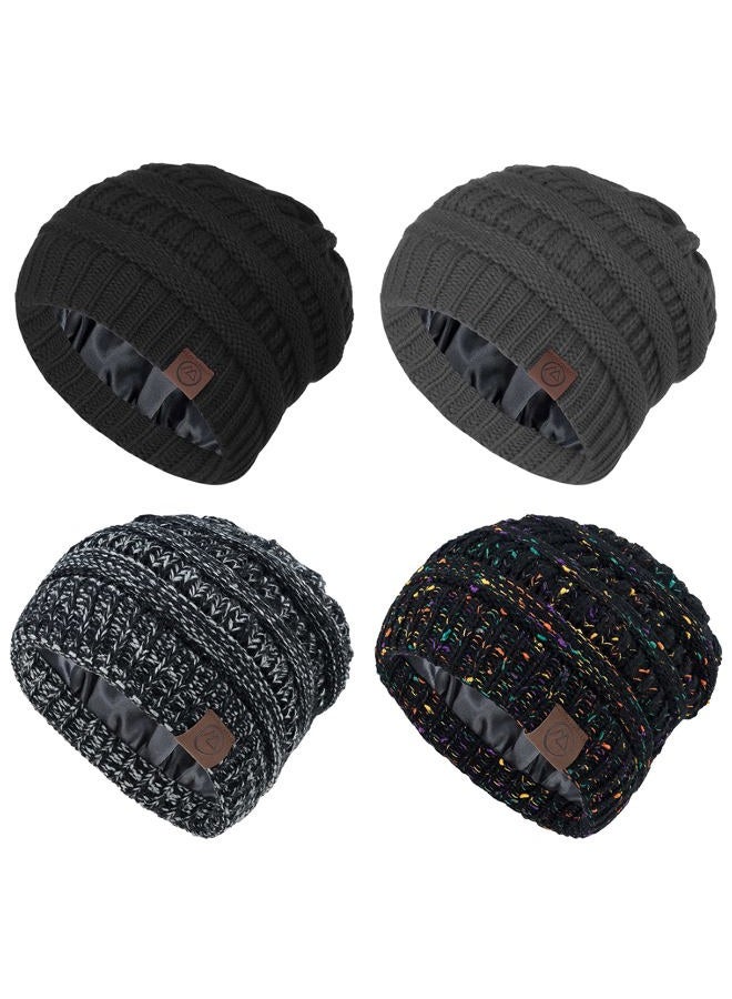 American Trends Satin Lined Beanie Hats Winter Hats for Women Cable Warm Knit Thick Slouchy Beanie Black&Dark Grey&Black Mix&Black Grey - Image 1