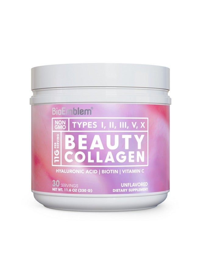 BioEmblem Beauty Collagen - 11G Hydrolyzed Multi-Collagen Peptides, Hyaluronic Acid, Vitamin C & Biotin - Bovine, Fish & Eggshell Membrane Collagen - Skin, Hair, Nail, & Joint Health - 30 Servings - Image 1