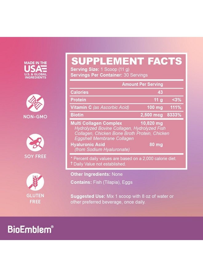BioEmblem Beauty Collagen - 11G Hydrolyzed Multi-Collagen Peptides, Hyaluronic Acid, Vitamin C & Biotin - Bovine, Fish & Eggshell Membrane Collagen - Skin, Hair, Nail, & Joint Health - 30 Servings - Image 5