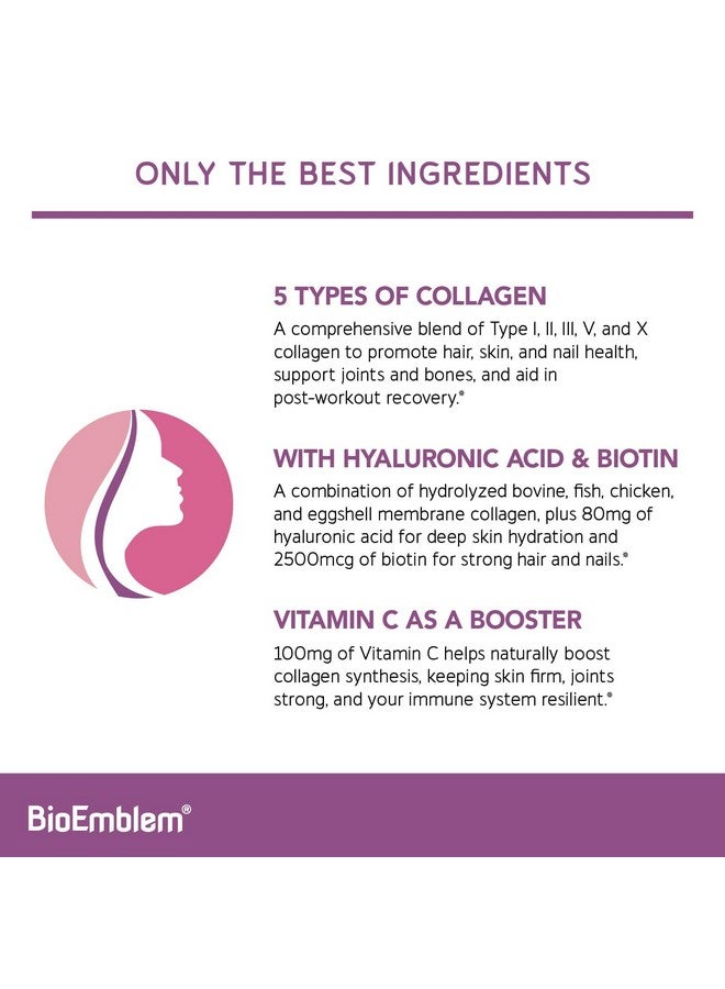 BioEmblem Beauty Collagen - 11G Hydrolyzed Multi-Collagen Peptides, Hyaluronic Acid, Vitamin C & Biotin - Bovine, Fish & Eggshell Membrane Collagen - Skin, Hair, Nail, & Joint Health - 30 Servings - Image 2