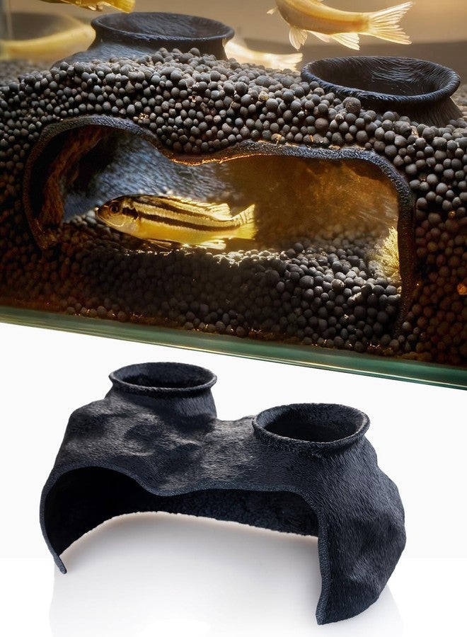 ORBIDYN Dual-Entrance Rock-Texture Cave – Fish Tank Shelter & Aquarium Decor with 2 Tunnels, 6×3.4×2.3in (Black) - Image 1