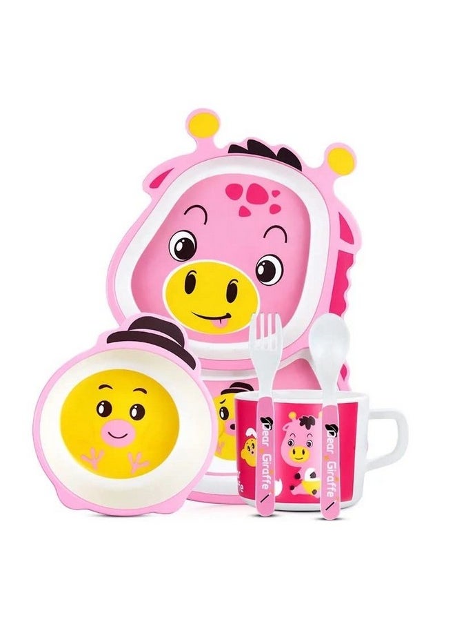 Munchkin Land Organic Bamboo Fiber Cutlery, Baby Feeding Plate Dinner Set, Children Tableware- 5 Pc Set (Pink Giraffe)  - Image 1
