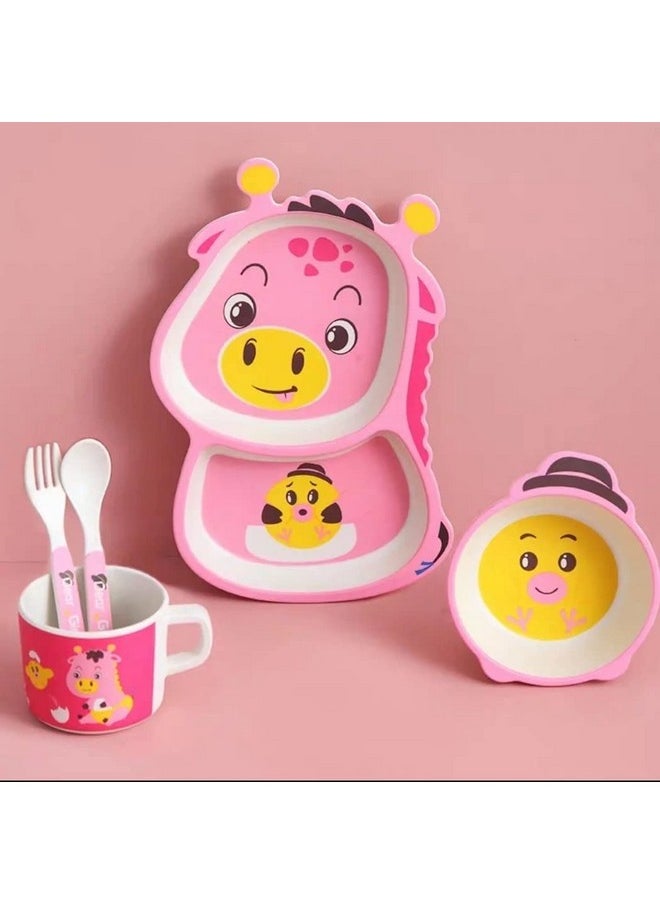 Munchkin Land Organic Bamboo Fiber Cutlery, Baby Feeding Plate Dinner Set, Children Tableware- 5 Pc Set (Pink Giraffe)  - Image 3