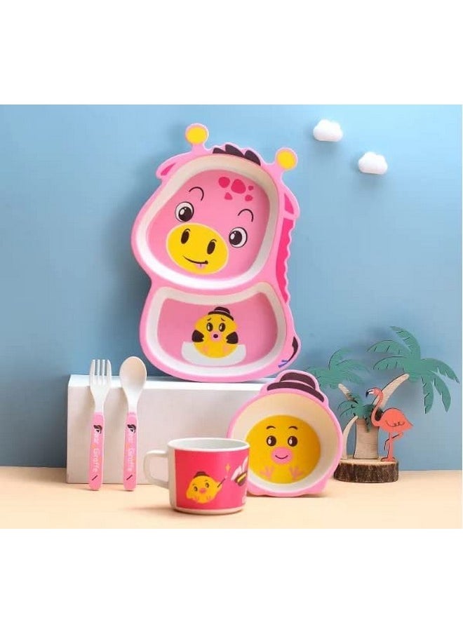 Munchkin Land Organic Bamboo Fiber Cutlery, Baby Feeding Plate Dinner Set, Children Tableware- 5 Pc Set (Pink Giraffe)  - Image 2