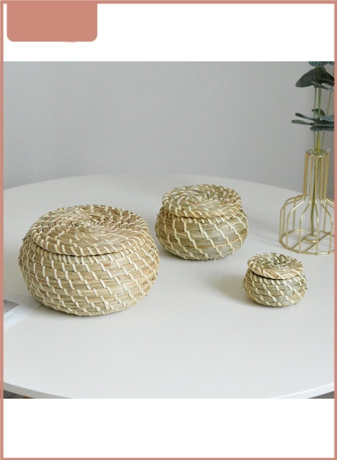 Wish 3-Piece Handwoven Storage Baskets with Lids – Natural Round Wicker Organizer Set for Home, Office & Desktop Organization - Image 1