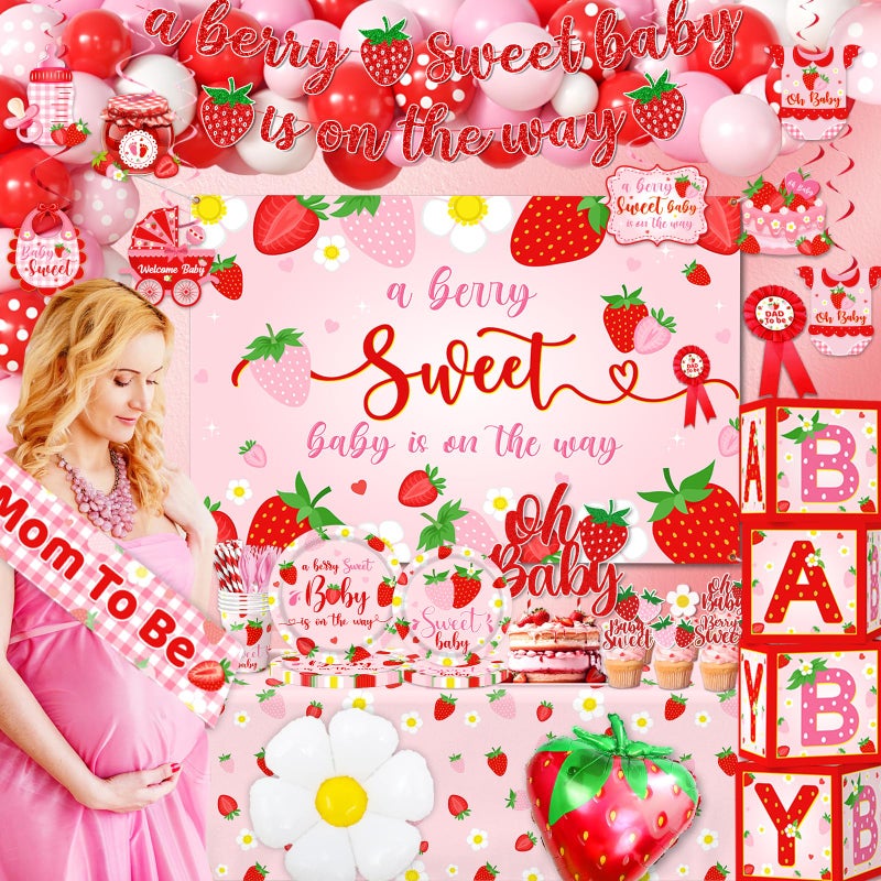 ILUIGGW Strawberry Baby Shower Decorations, Berry Sweet Baby Shower Decorations with A Berry Sweet Baby Is On The Way Backdrop Cake Topper Strawberry Plates Balloon Arch Box for Baby Girl - Image 4