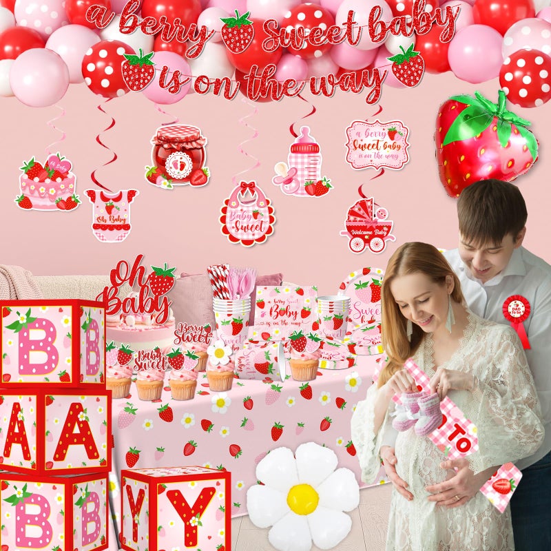 ILUIGGW Strawberry Baby Shower Decorations, Berry Sweet Baby Shower Decorations with A Berry Sweet Baby Is On The Way Backdrop Cake Topper Strawberry Plates Balloon Arch Box for Baby Girl - Image 3