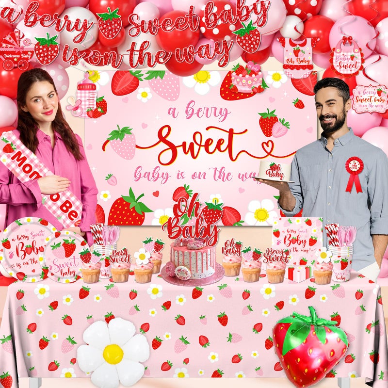 ILUIGGW Strawberry Baby Shower Decorations, Berry Sweet Baby Shower Decorations with A Berry Sweet Baby Is On The Way Backdrop Cake Topper Strawberry Plates Balloon Arch Box for Baby Girl - Image 2