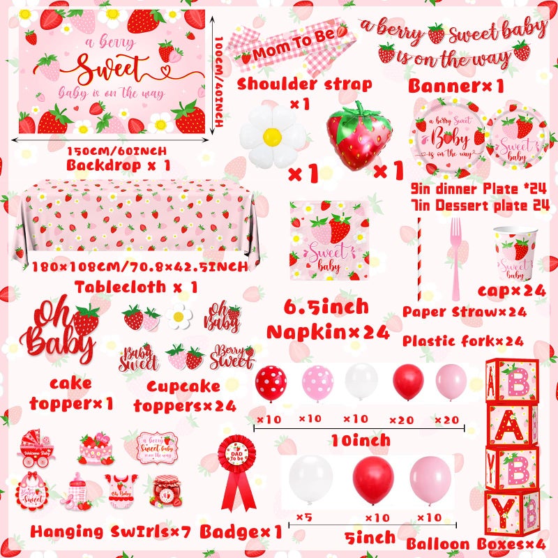 ILUIGGW Strawberry Baby Shower Decorations, Berry Sweet Baby Shower Decorations with A Berry Sweet Baby Is On The Way Backdrop Cake Topper Strawberry Plates Balloon Arch Box for Baby Girl - Image 5
