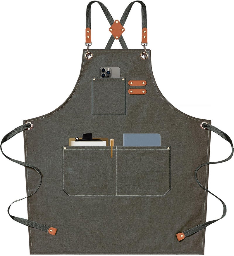 AFUN Chef Aprons for Men Women with Oversized Pockets 16Ounce Cotton Canvas Cross Back Heavy Duty Work Apron Grey Green