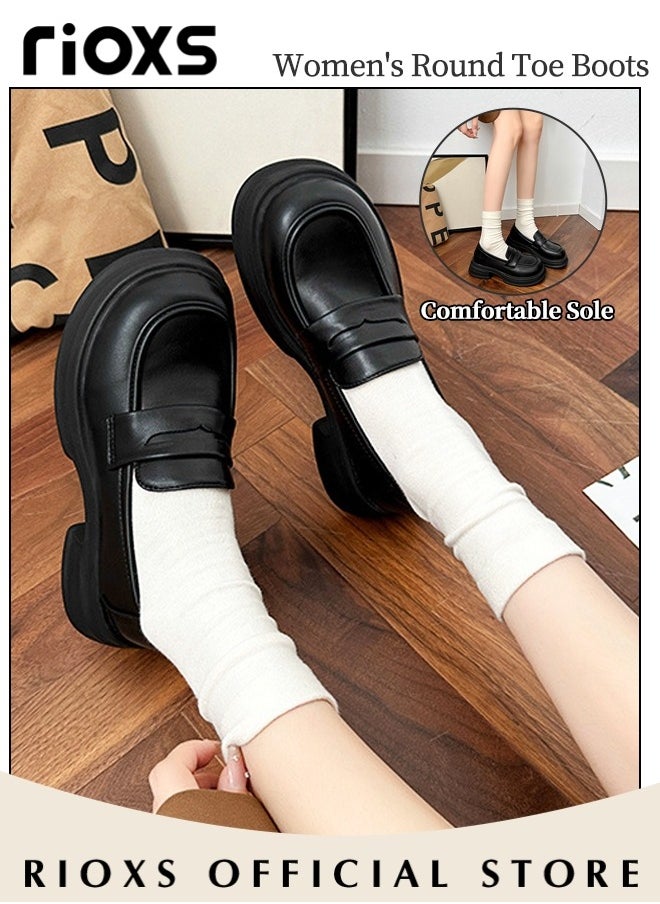 RIOXS - Women's Leather Chunky Platform Loafers Classic Round Toe Penny Shoes for Women to Wear Official Dressing for Business or Work - Image 1