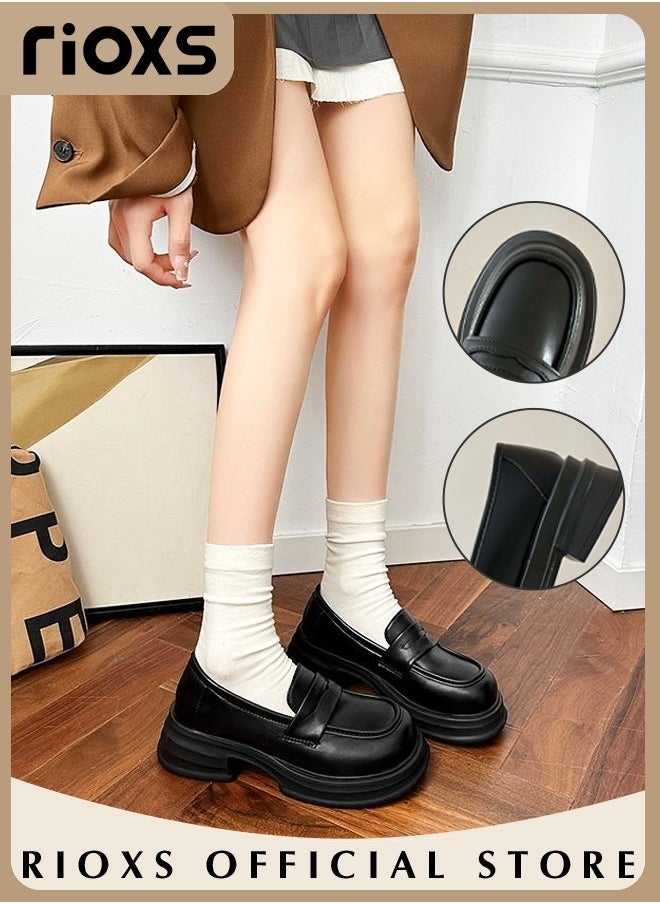 RIOXS - Women's Leather Chunky Platform Loafers Classic Round Toe Penny Shoes for Women to Wear Official Dressing for Business or Work - Image 1