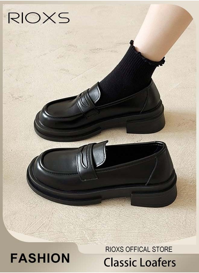 RIOXS - Women's Leather Chunky Platform Loafers Classic Round Toe Penny Shoes for Women to Wear Official Dressing for Business or Work - Image 1