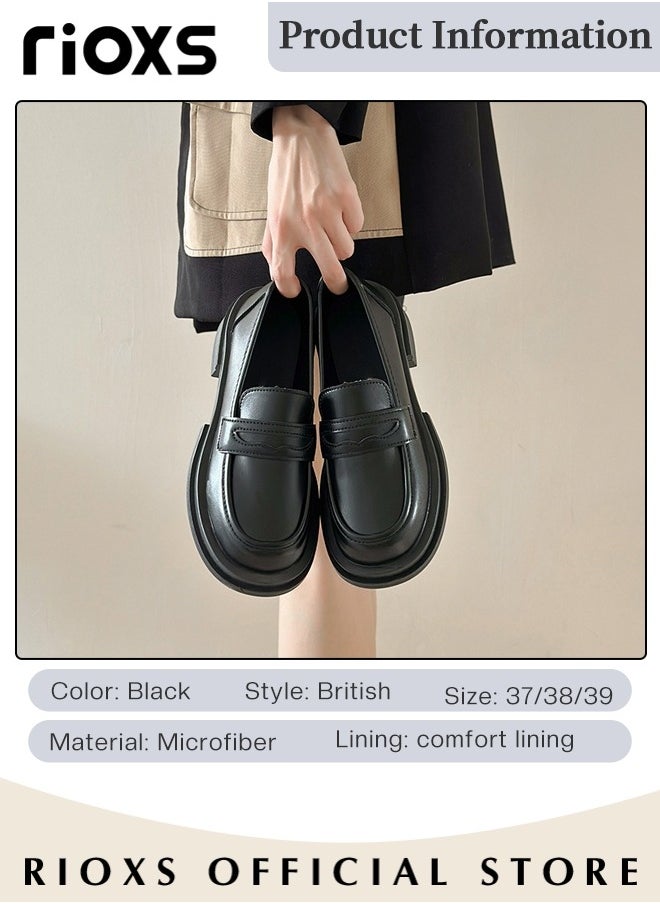 RIOXS - Women's Leather Chunky Platform Loafers Classic Round Toe Penny Shoes for Women to Wear Official Dressing for Business or Work - Image 1