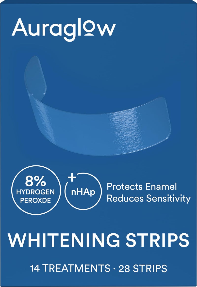 Auraglow Teeth Whitening Strips, Sensitive Whitening Strips, 14 Whitening Treatments, 8% Hydrogen Peroxide with Nano Hydroxyapatite (nHAp) to Reduce Sensitivity and Protect Enamel, 28 Strips, Mint - Image 1