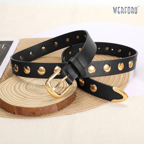 WERFORU Women Fashion Leather Belt Studded Leather Belt Ladies Belts for Jeans Dress Punk Belt,(A-Black-Gold,25"-30" Waist Adjustable) - Image 4
