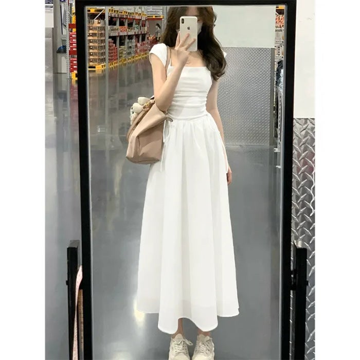 White dress womens summer French style tight waist drawstring stitching fake two-piece small flying sleeve suspender dress long skirt womens clothing White * 238