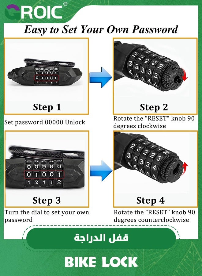 GROIC Premium Bike Lock Cable, 1.5M Combination Bicycle Lock, 5-Digit Resettable Coiled Security Chain Locks, Anti-Theft Accessory with Mounting Bracket for Electric Outdoor Equipment Scooter  - Image 5