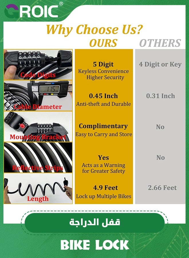 GROIC Premium Bike Lock Cable, 1.5M Combination Bicycle Lock, 5-Digit Resettable Coiled Security Chain Locks, Anti-Theft Accessory with Mounting Bracket for Electric Outdoor Equipment Scooter  - Image 3