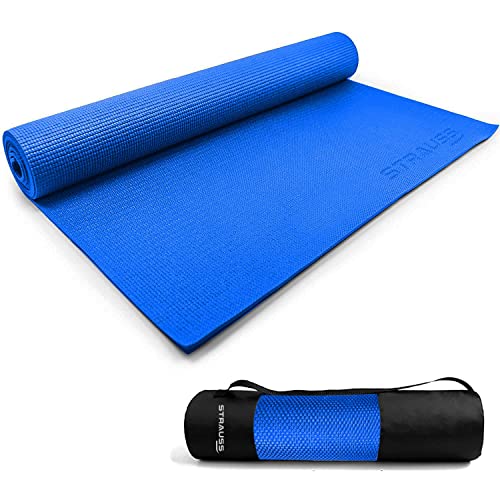 STRAUSS Yoga Mat with Carry Bag | Non-Slip Exercise Mat for Home & Gym| Lightweight & Durable Workout Mat | Ideal for Yoga, Pilates, Fitness | Ideal for Men & Women,6mm,(Blue) - Image 1