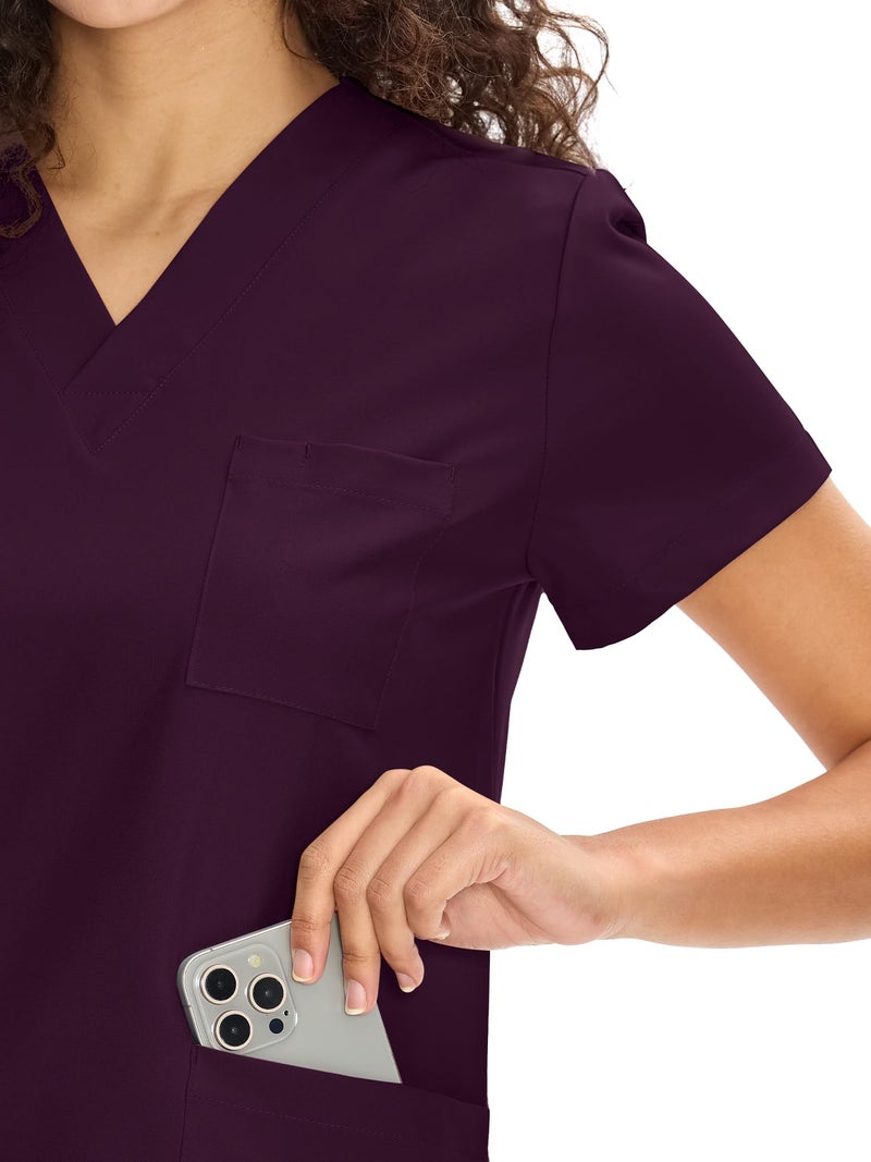 COZYFIT زي طبي مريح للنساء - قميص على شكل حرف V وسروال مستقيم مع 9 جيوب، ملابس عمل للجنسين، مريح، بنفسجي داكن، S - Image 4