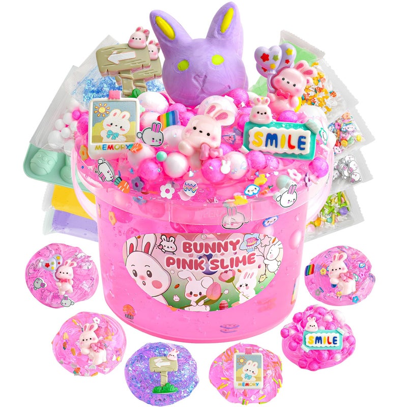 LAWOHO 300ml Bunny Slime Kit Pink Clear Slimes for Kids Party Favors with 10 AddIns Non Stick Slimes with Easter Eggs Clay Easter Basket Stuffers for Kids Birthday Christmas Pink Slime Making Kit - Image 3
