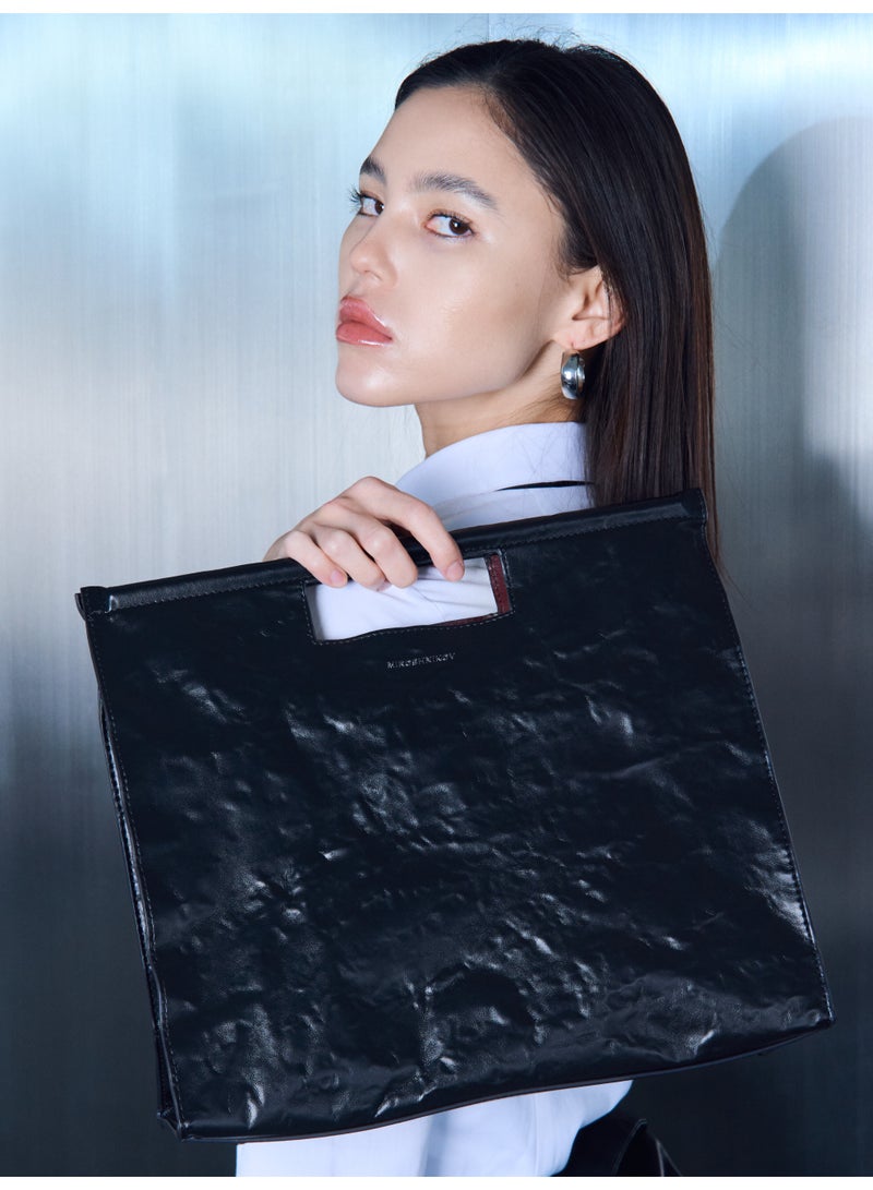 Miroshnikov Women’s Large Shopper Tote Bag for Office & Work, Glossy PU Shoulder Handbag, Memory Crinkle Effect, Lightweight Spacious Luxury Bag, No Fastener, Black - 1 Piece - Image 5