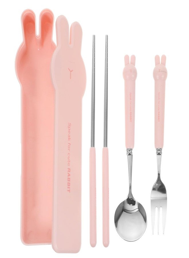 TOPPERFUN 4 PCS Travel Utensils with Case, Portable Stainless Steel Reusable Cutlery Set for Lunch Box, Includes Spoon Fork Chopsticks, Small Pink Cartoon Flatware for Students, Kids School, Office, H - Image 1