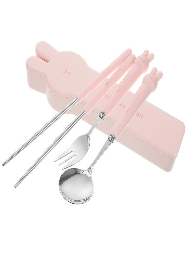 TOPPERFUN 4 PCS Travel Utensils with Case, Portable Stainless Steel Reusable Cutlery Set for Lunch Box, Includes Spoon Fork Chopsticks, Small Pink Cartoon Flatware for Students, Kids School, Office, H - Image 3