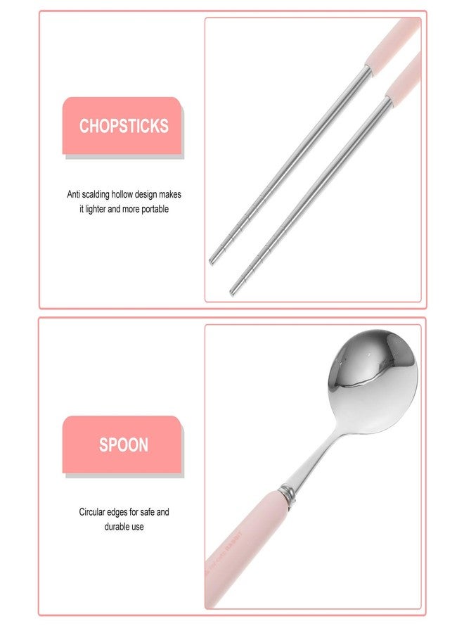 TOPPERFUN 4 PCS Travel Utensils with Case, Portable Stainless Steel Reusable Cutlery Set for Lunch Box, Includes Spoon Fork Chopsticks, Small Pink Cartoon Flatware for Students, Kids School, Office, H - Image 5
