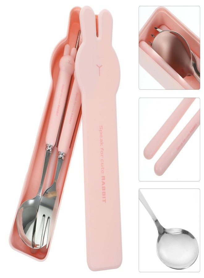 TOPPERFUN 4 PCS Travel Utensils with Case, Portable Stainless Steel Reusable Cutlery Set for Lunch Box, Includes Spoon Fork Chopsticks, Small Pink Cartoon Flatware for Students, Kids School, Office, H - Image 2