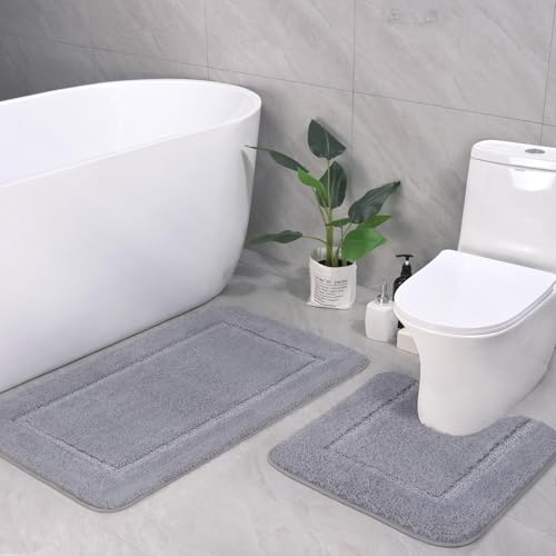 LOCHAS Bathroom Rug Set Light Grey Soft Bath Rug Set 2 Piece Toilet Mat UShaped 20x20 and 34x20 Bath Rugs Quickly Dry Mats for Bathroom Tub Washable Super Absorbent Floor Mat - Image 1