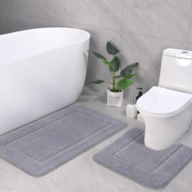 LOCHAS Bathroom Rug Set Light Grey Soft Bath Rug Set 2 Piece Toilet Mat UShaped 20x20 and 34x20 Bath Rugs Quickly Dry Mats for Bathroom Tub Washable Super Absorbent Floor Mat - Image 2