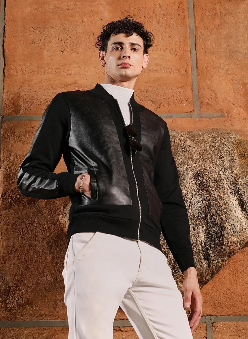 Campus Sutra Men's Onyx Black Self-Block Bomber Jacket | Baseball Collar , Ribbed Cuff Sleeves , Zipper Closure , Straight Hem | Solid Plain For Casual & Daily Wear