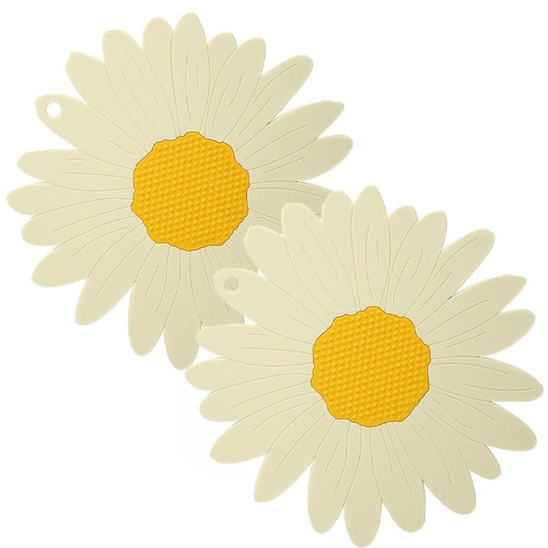 BENCI BENCI Anti-Hot Silicone Trivet Mat, 7.5 Inch Daisy Flower Shape Heat Resistant Anti Slip Place Mat for Hot Pots & Pans Holder, Kitchen Insulation Coaster Hot Pad for Dishes (White, Set of 2) - Image 1