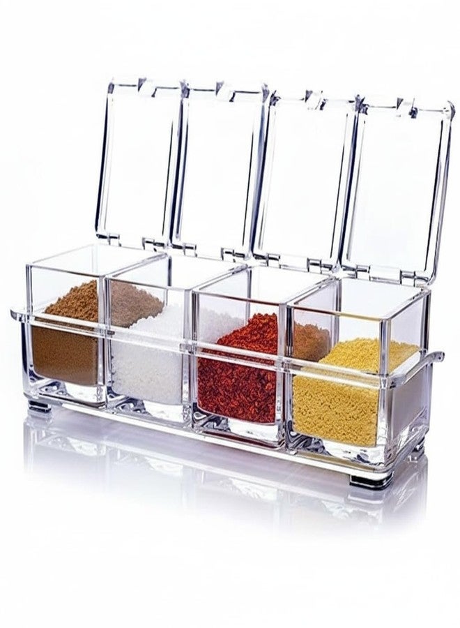 HETVIN 4 Grid Crystal Spice Box with Flip Lids | Clear Seasoning Organizer for Masalas| Masala Storage Box for Salt, Sugar, Spices & Herbs - (Transparent) - Image 1