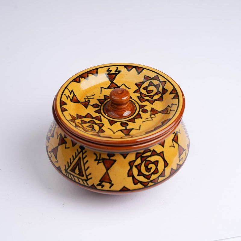 Caffeine Ceramic Handmade Mustard Romani Serving Handi with Lid (Set of 1) - Image 2