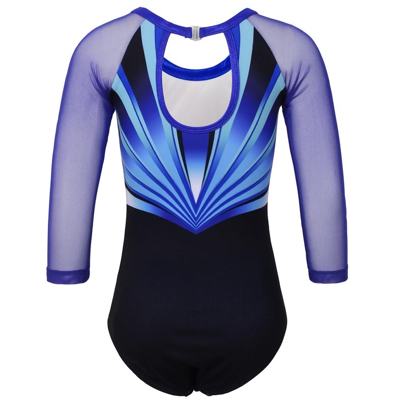 JOYSTREAM Gymnastics Leotards for Girls With Shorts Sparkly Ballet Dance Long Mesh Sleeve Blue Lines10-11Years - Image 2