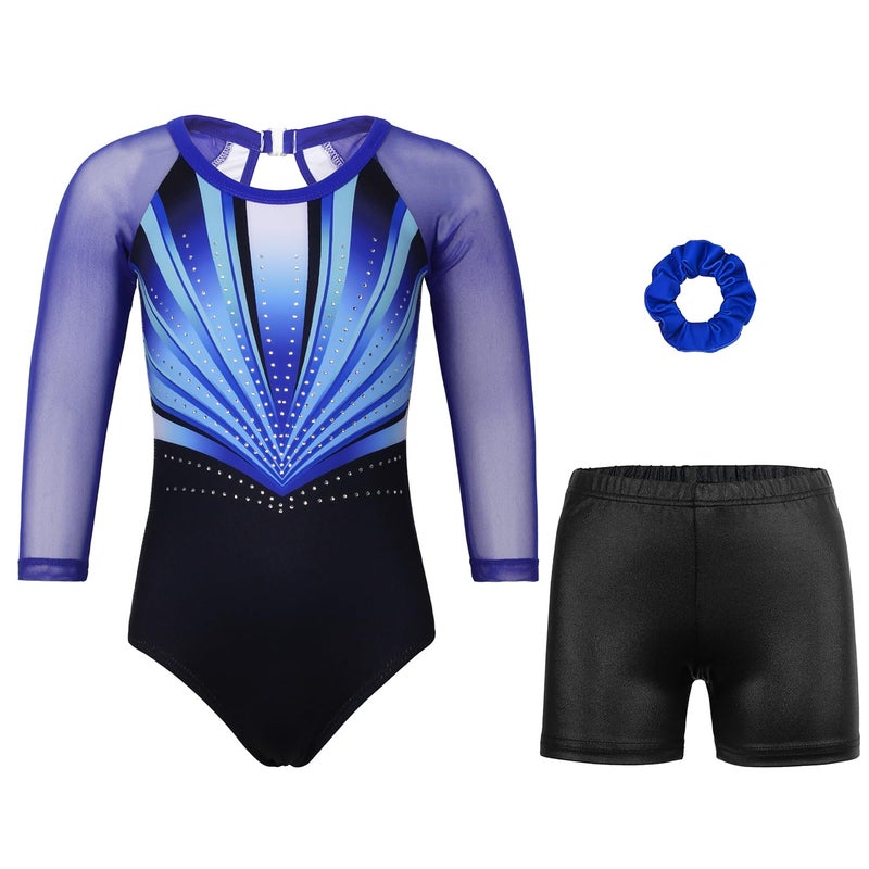 JOYSTREAM Gymnastics Leotards for Girls With Shorts Sparkly Ballet Dance Long Mesh Sleeve Blue Lines10-11Years - Image 1