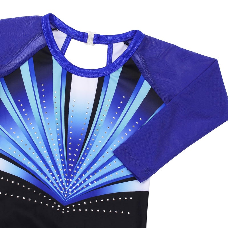 JOYSTREAM Gymnastics Leotards for Girls With Shorts Sparkly Ballet Dance Long Mesh Sleeve Blue Lines10-11Years - Image 3