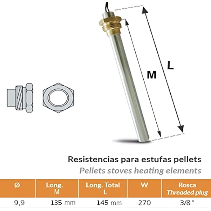SPARK PLUG IGNITION RESISTOR FOR PELLETS STOVE IGNITION POWER: 270W, 3/8" THREAD, DIAMETER: 9.9 MM + CLEANING SWEEP BRUSHES FOR BOILERS. - Image 2