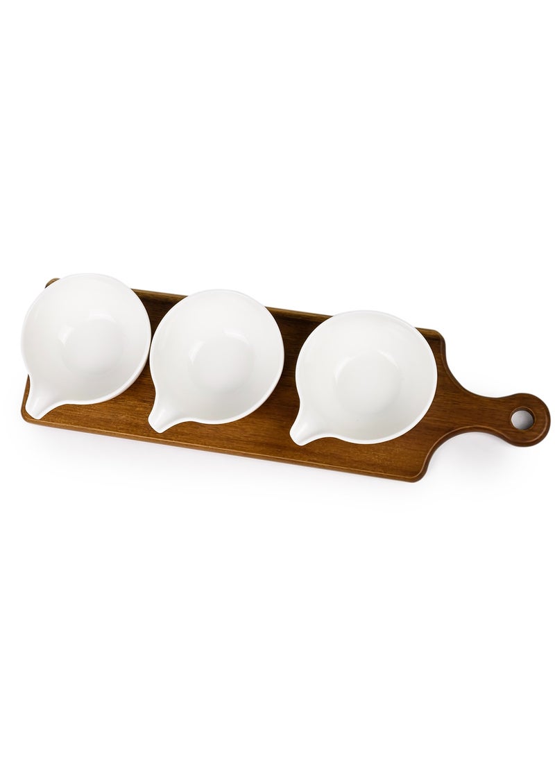 Shallow Shallow Acacia Wood Porcelain 3 Pieces Serving Set, 40cm, White & Brown - Image 3