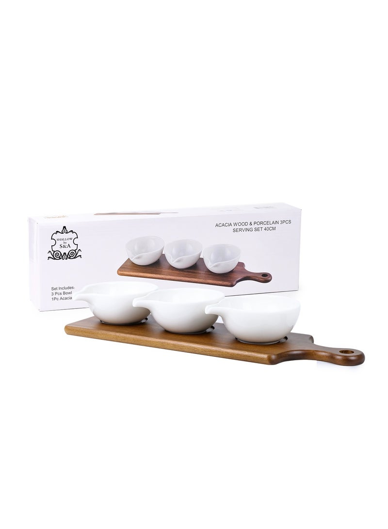 Shallow Shallow Acacia Wood Porcelain 3 Pieces Serving Set, 40cm, White & Brown - Image 4