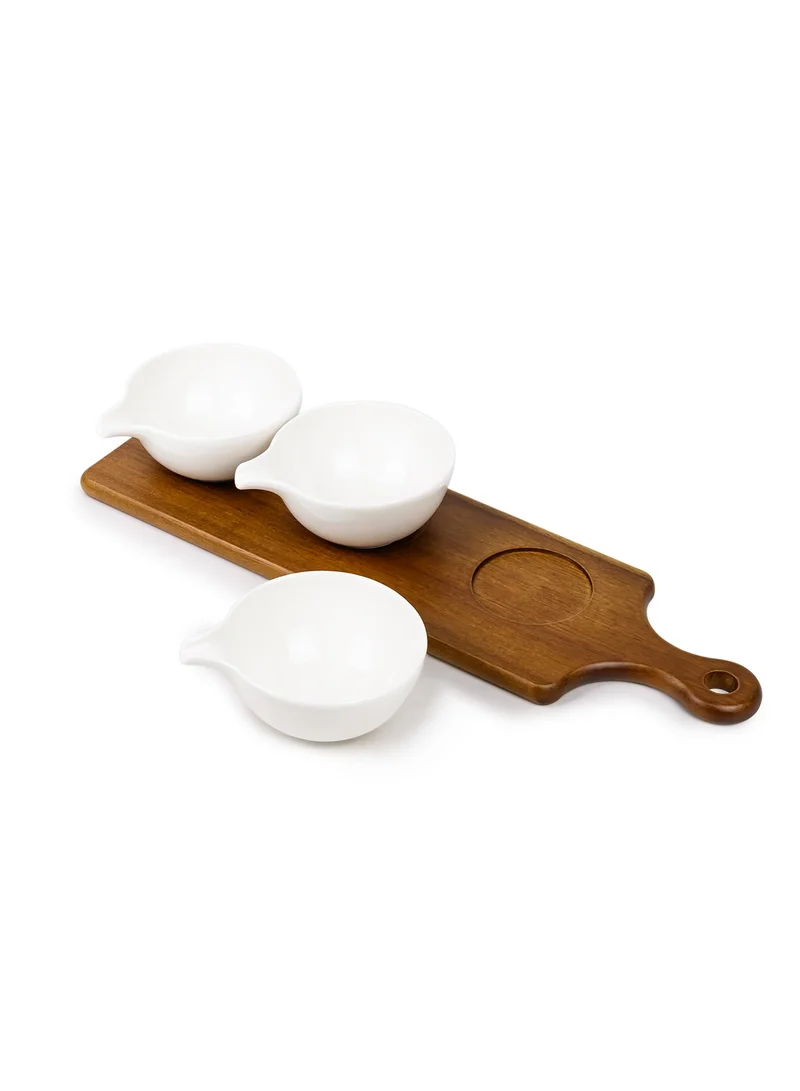 Shallow Shallow Acacia Wood Porcelain 3 Pieces Serving Set, 40cm, White & Brown