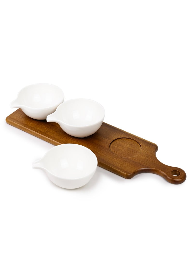 Shallow Shallow Acacia Wood Porcelain 3 Pieces Serving Set, 40cm, White & Brown - Image 5