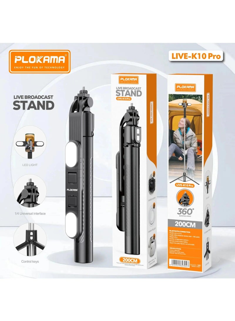 PLOKAMA حامل بث مباشر LED Live-K10 مع حامل هاتف وضوء حلقي - حامل ثلاثي القوائم قابل للتعديل للبث المباشر على تيك توك، يوتيوب، الفلوجينغ، المكياج، زووم، تسجيل الفيديو - Image 1