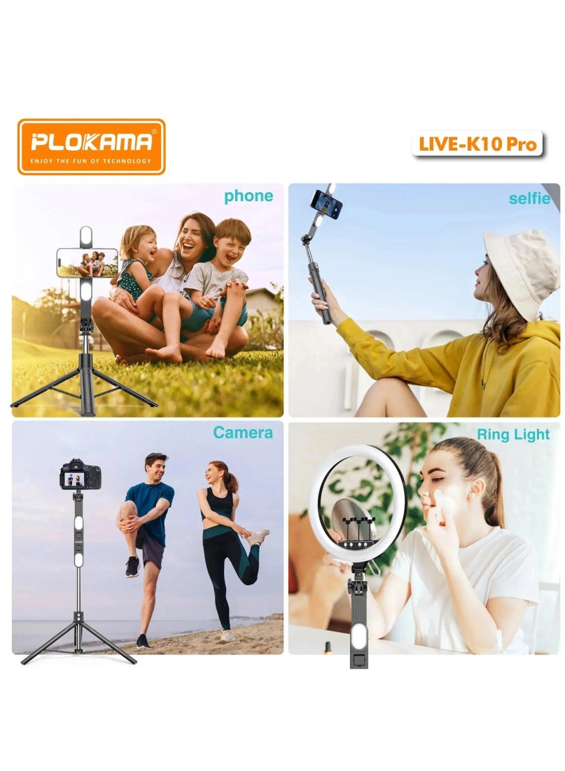 PLOKAMA حامل بث مباشر LED Live-K10 مع حامل هاتف وضوء حلقي - حامل ثلاثي القوائم قابل للتعديل للبث المباشر على تيك توك، يوتيوب، الفلوجينغ، المكياج، زووم، تسجيل الفيديو - Image 2