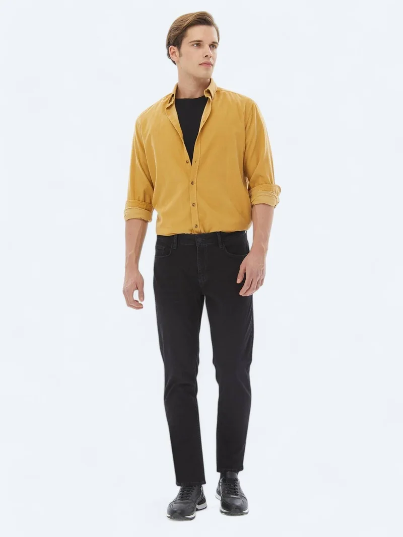 Kip Yellow Ribbed Regular Fit Long Weaving Casual 100% Cotton Shirt